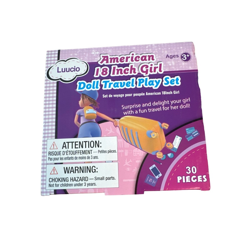 American 18 Inch Girl Doll Travel Play Set 30 Pieces Pink Purple Accessories NIB